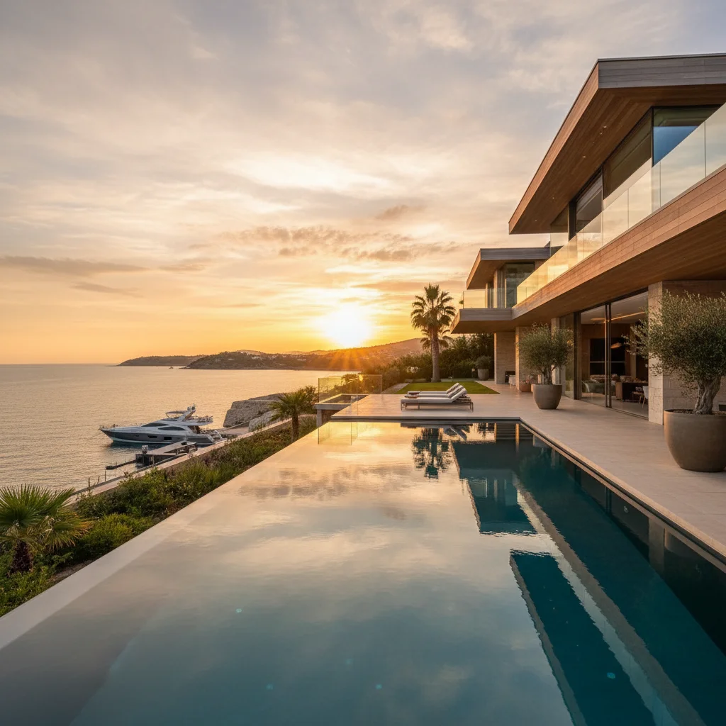 Luxury home exterior at sunset